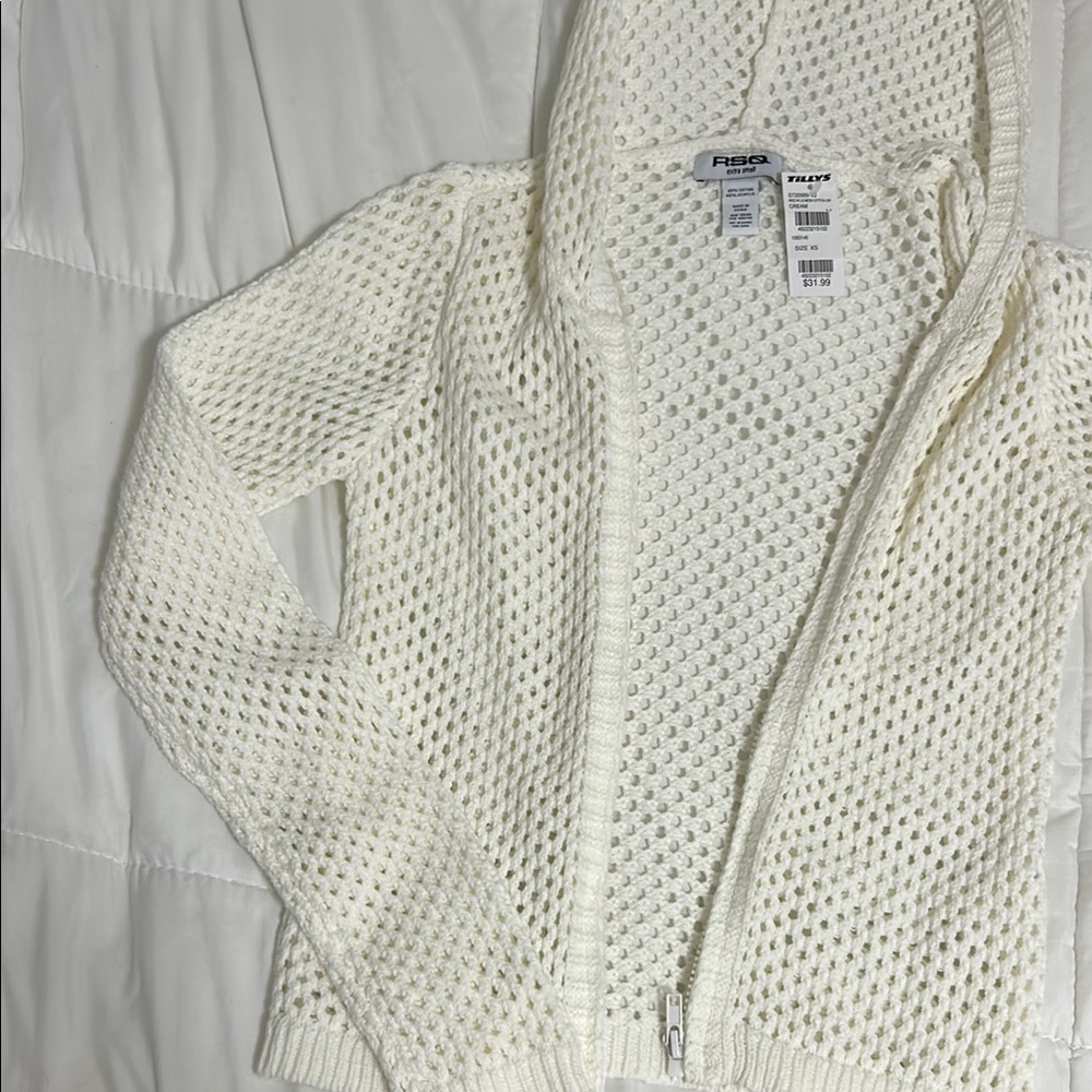 Mesh Stitch Zip Cream Cardigan Knit Sweater - Picture 3 of 3